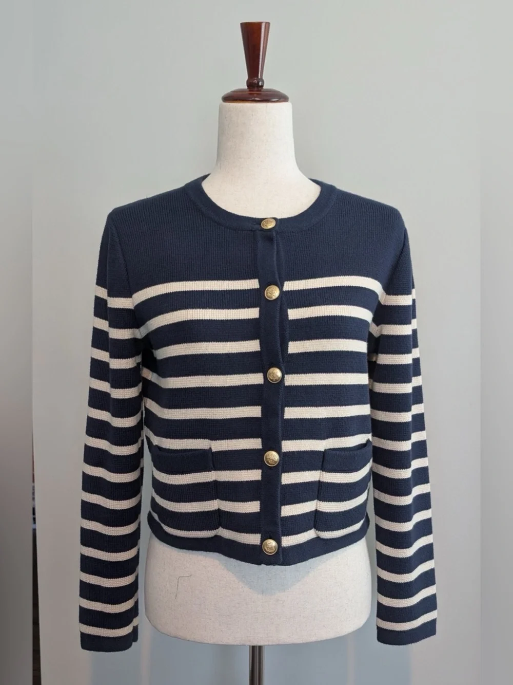 J.Crew Emilie Sweater Lady Jacket in Stripe Navy Ecru Size Small